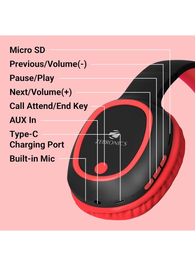 ZEBRONICS Thunder Bluetooth 5.3 Wireless Over Ear Headphones with 60H Backup, Gaming Mode, Dual Pairing, Enc, Aux, Micro Sd, Voice Assistant, Comfortable Earcups, Call Function (Red) - Image 5